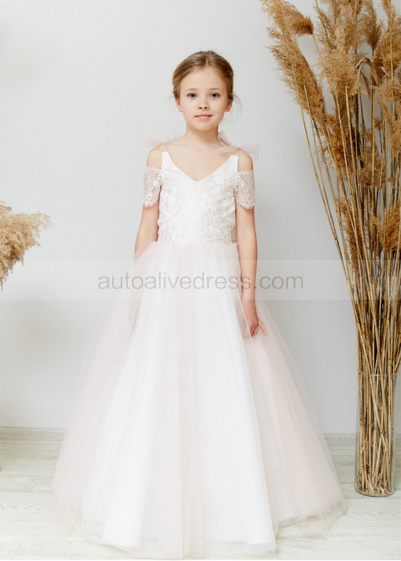 Blush Pink Lace Tulle V Back Flower Girl Dress